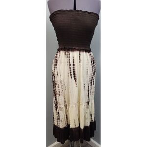 Club Collection Strapless Dress Womans Large Brown Cream Smoked Chest Peplum Hem